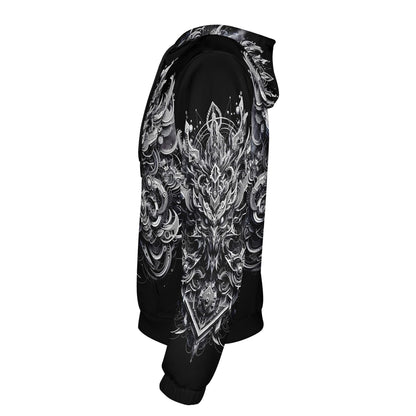 Black unisex Beast in Motion Cotton Terry hoodie by Loud and Lethal with intricate white graphic design on sleeve and hood
