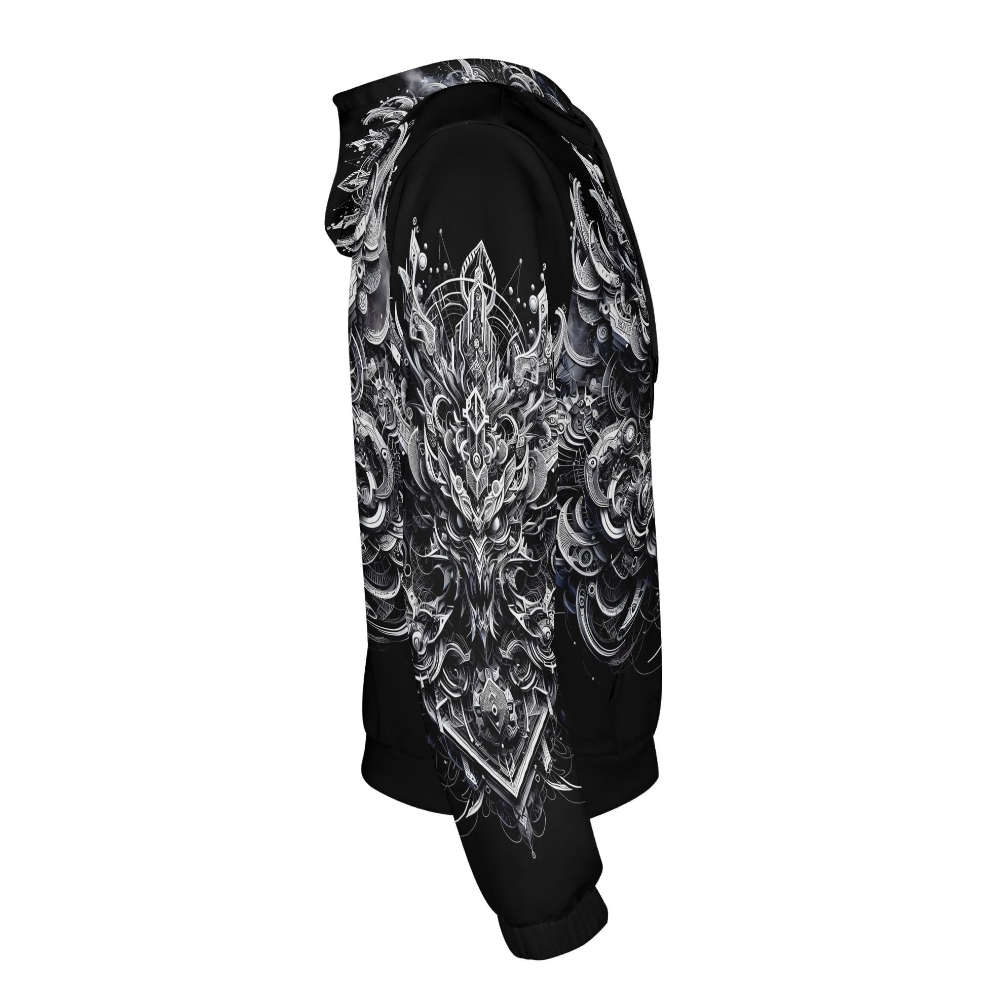 Side view of Loud and Lethal Beast in Motion Cotton Terry hoodie with intricate black and white graphic design