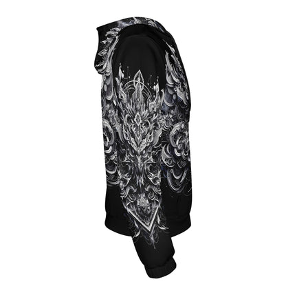 Side view of Loud and Lethal Beast in Motion Cotton Terry hoodie with intricate black and white graphic design