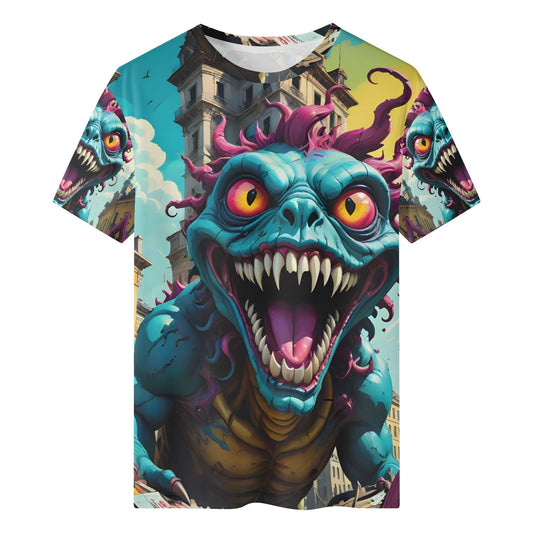 Beast in the Blocks Organic Cotton Kids T-Shirt featuring colorful cartoon monster in cityscape by Loud and Lethal