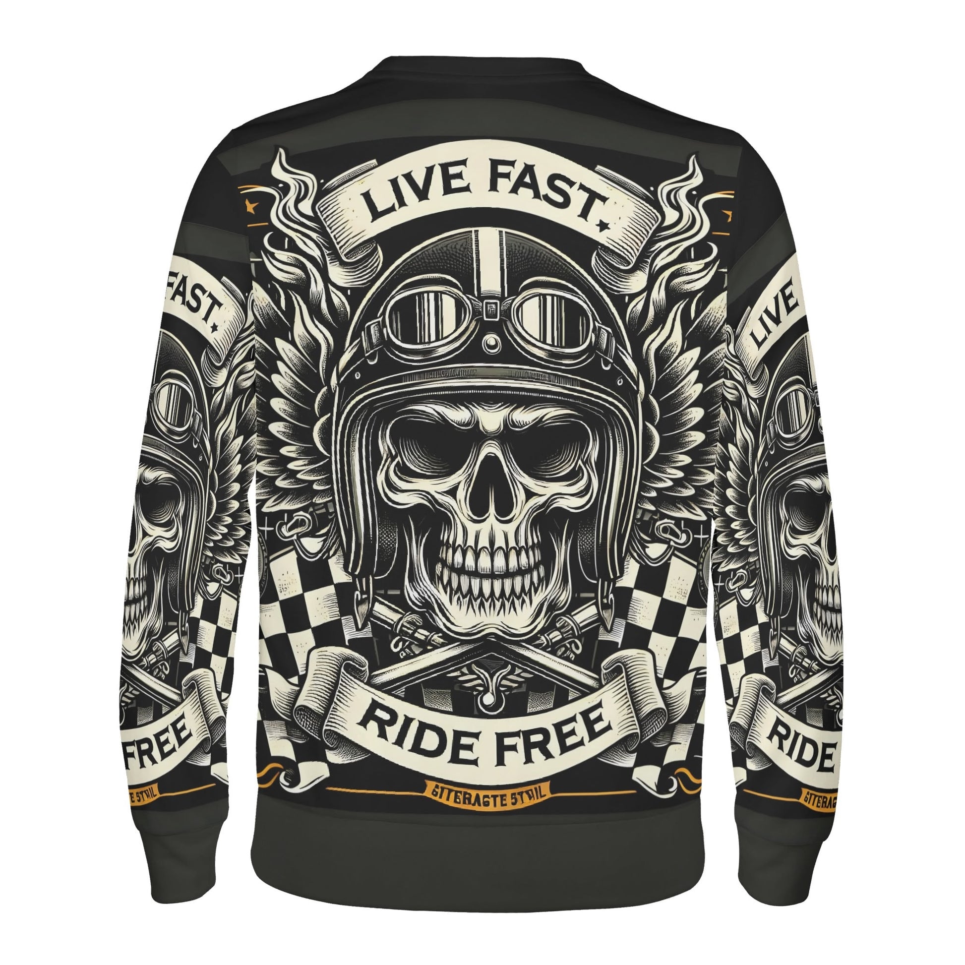 Loud and Lethal unisex sweater featuring winged skull helmet and checkered flags Bikers Oath Poly French Terry Sweatshirt .