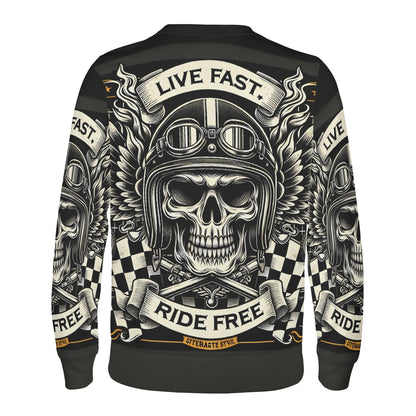 Loud and Lethal unisex sweater featuring winged skull helmet and checkered flags Bikers Oath Poly French Terry Sweatshirt .