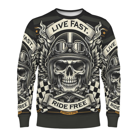Bikers Oath Poly French Terry Sweatshirt . Loud and Lethal unisex sweater with skull biker helmet graphic