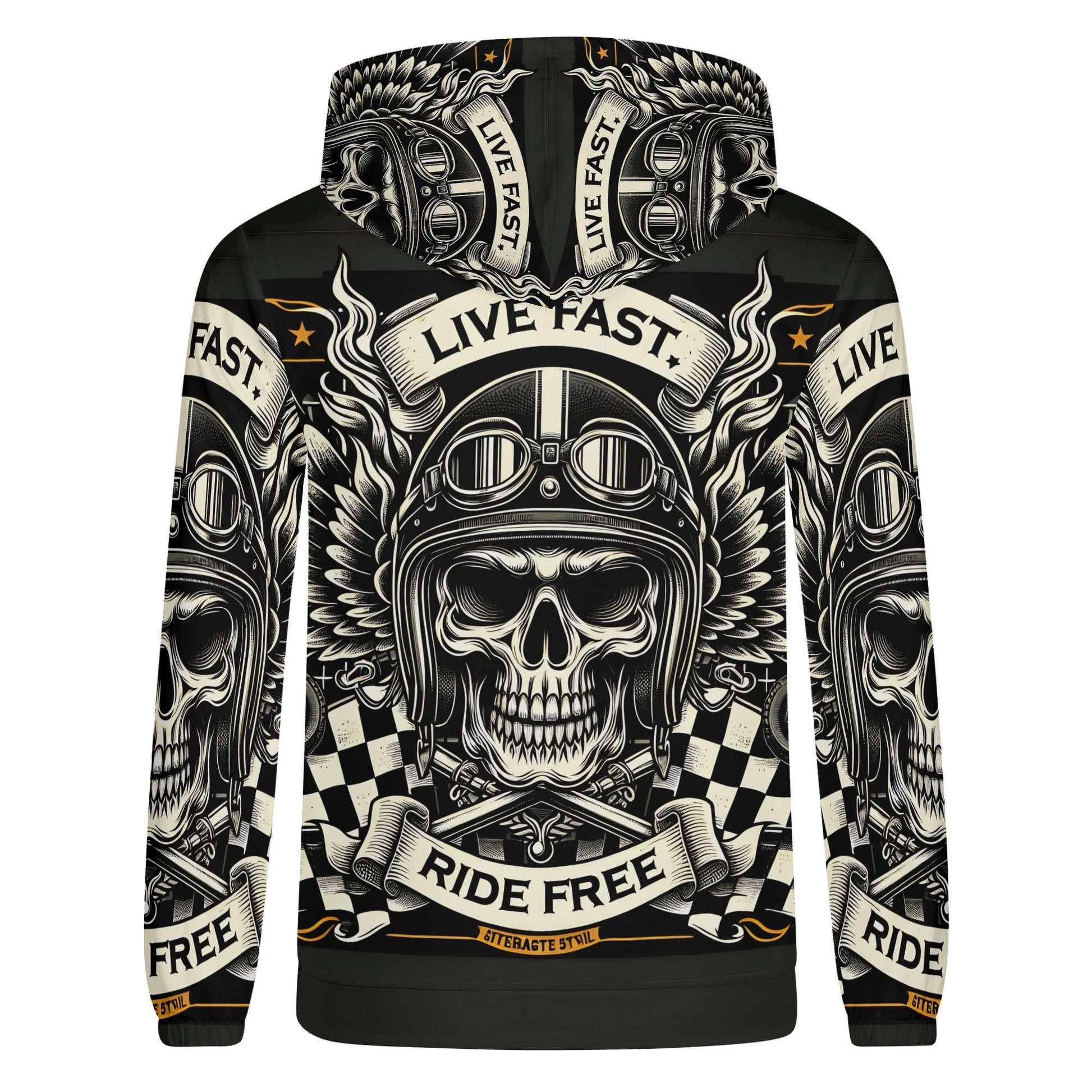 Loud and Lethal Bikers Oath Poly French Terry hoodie with skull biker helmet and live fast ride free design