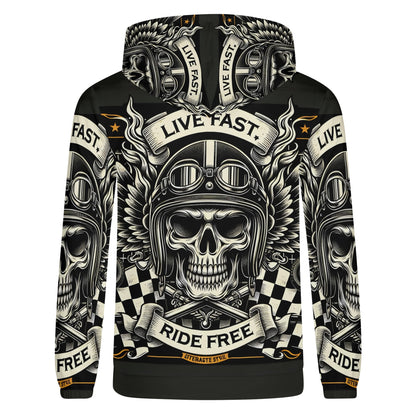 Loud and Lethal Bikers Oath Poly French Terry hoodie with skull biker helmet and live fast ride free design