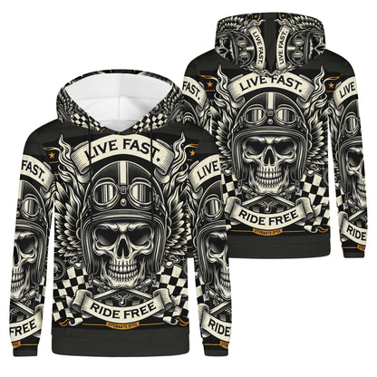 Loud and Lethal Bikers Oath Poly French Terry hoodie with skull biker graphic and live fast ride free design