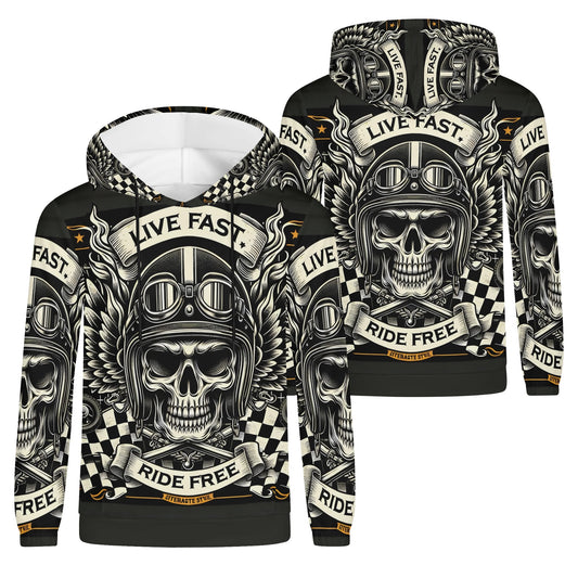 Loud and Lethal Bikers Oath Poly French Terry hoodie with skull biker graphic and live fast ride free design