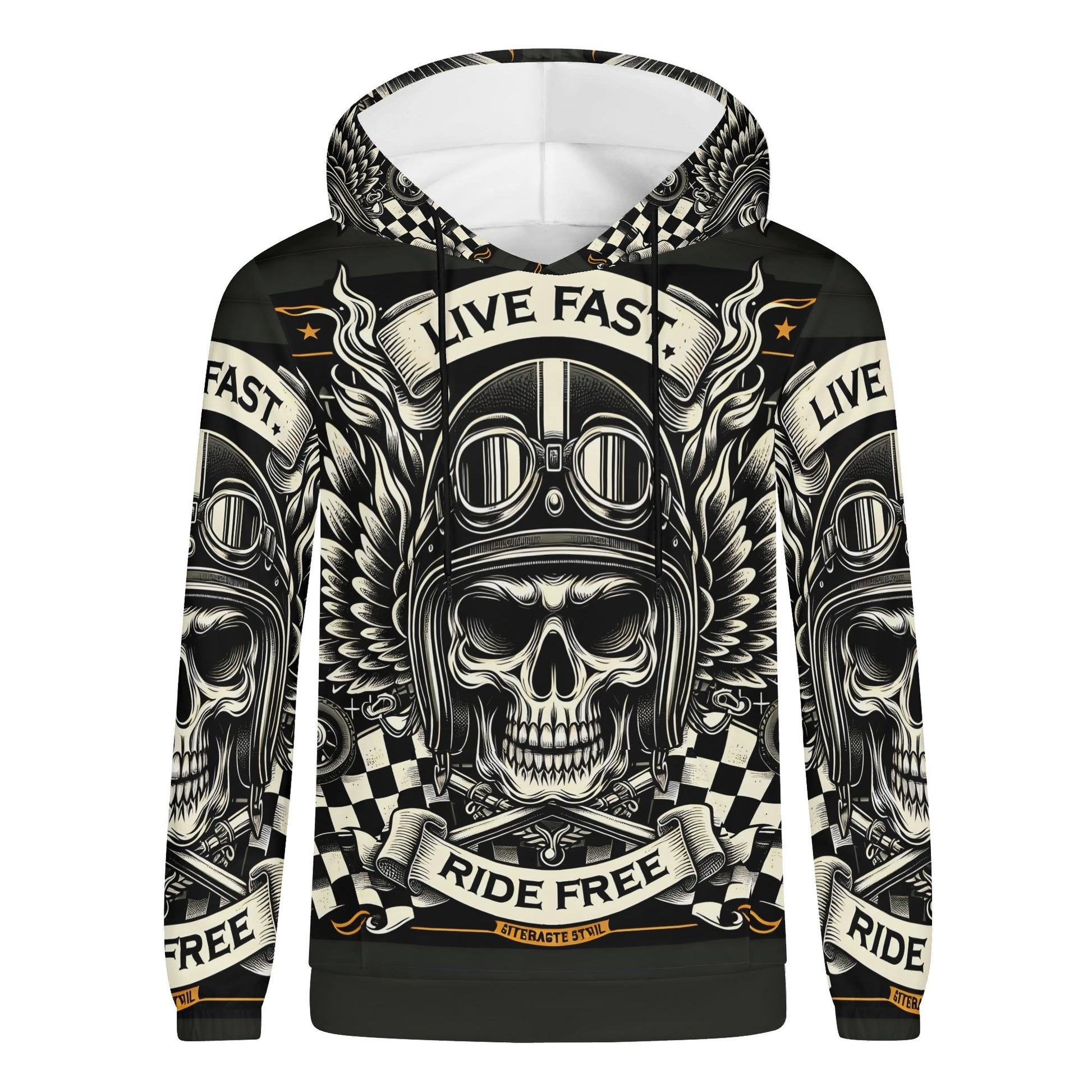 Bikers Oath Poly French Terry hoodie with skull pilot design and Live Fast Ride Free slogan