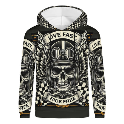 Bikers Oath Poly French Terry hoodie with skull pilot design and Live Fast Ride Free slogan