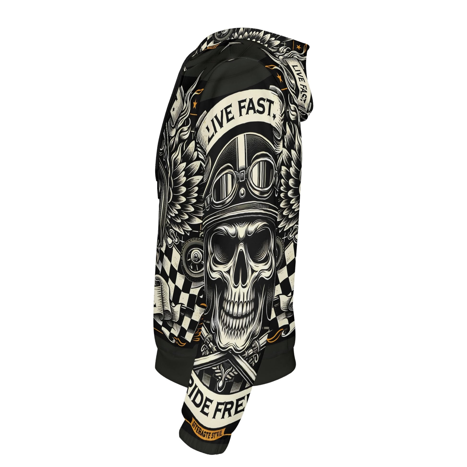 Loud and Lethal Bikers Oath Poly French Terry hoodie with skull and wings motorcycle design in black