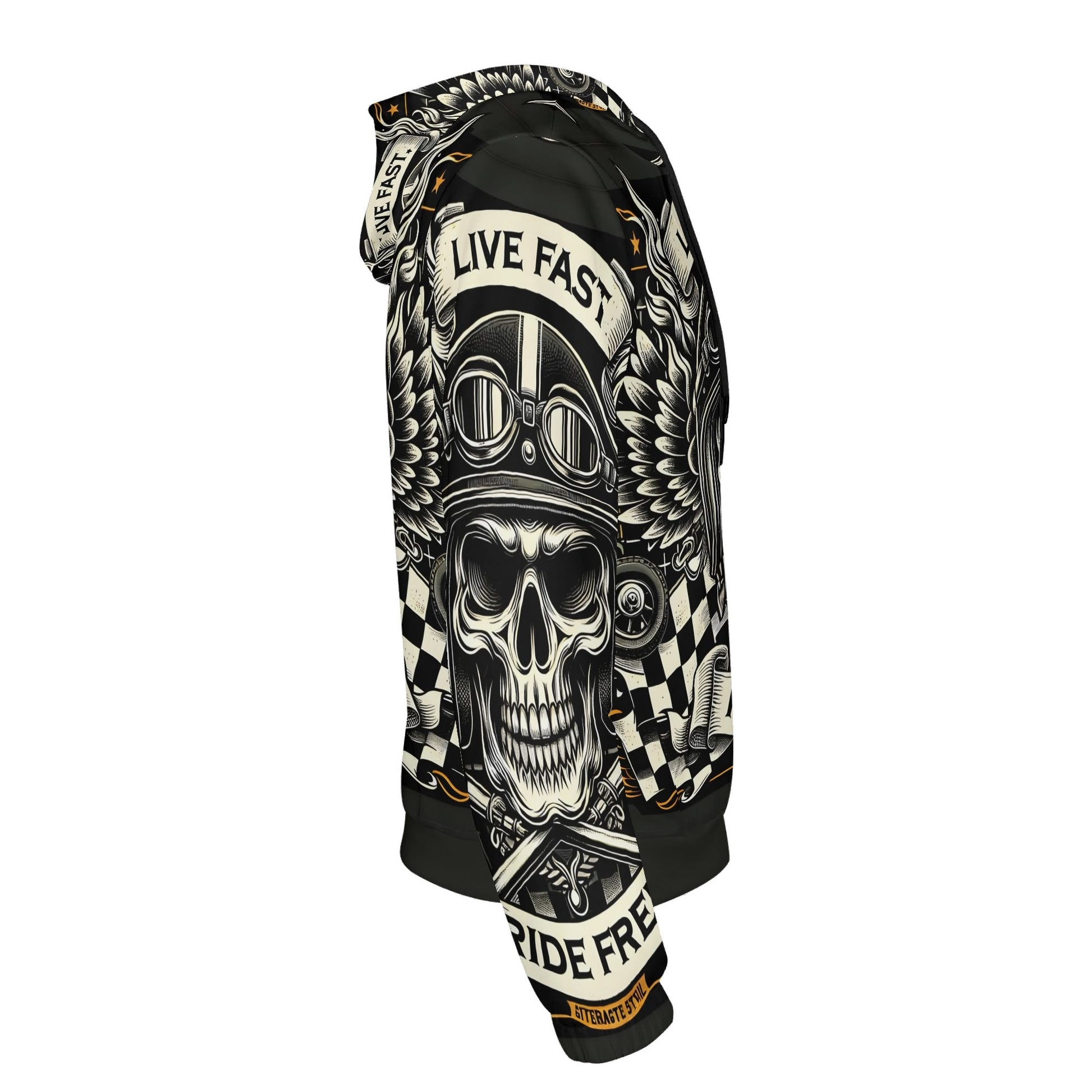 Loud and Lethal Bikers Oath Poly French Terry hoodie with skull and wings design in black and white