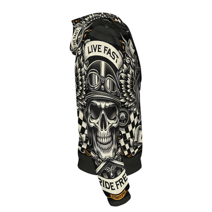 Loud and Lethal Bikers Oath Poly French Terry hoodie with skull and wings design in black and white