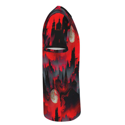 Blood Moon Rising 100 Cotton T-Shirt by Loud and Lethal with red and black gothic cityscape design