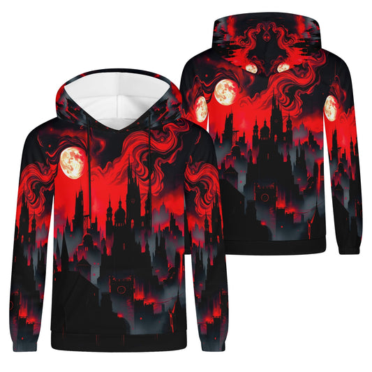 Blood Moon Rising Cotton Terry hoodie by Loud and Lethal with vibrant red moon and dark cityscape design