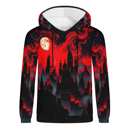 Unisex Blood Moon Rising Cotton Terry hoodie by Loud and Lethal featuring red and black cityscape with a glowing blood moon