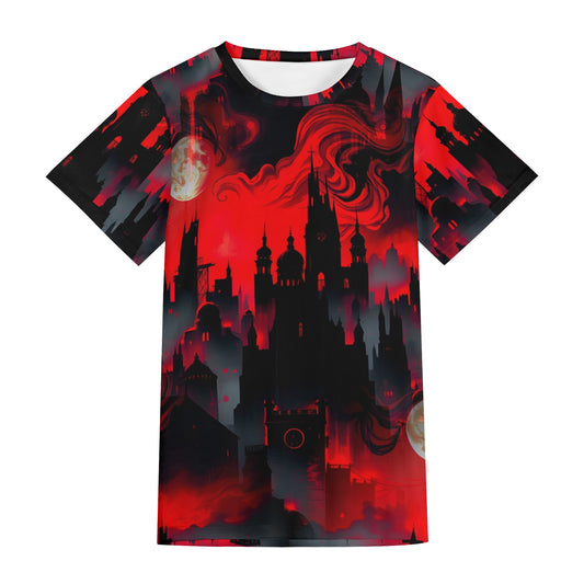 Blood Moon Rising Organic Cotton T-Shirt with red and black gothic cityscape design
