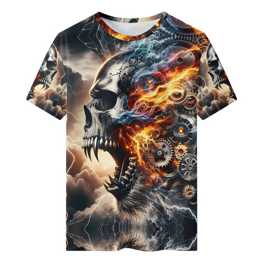 Loud and Lethal Bolt of the Ancients 100 Cotton T-Shirt featuring fiery skull and mechanical gears design