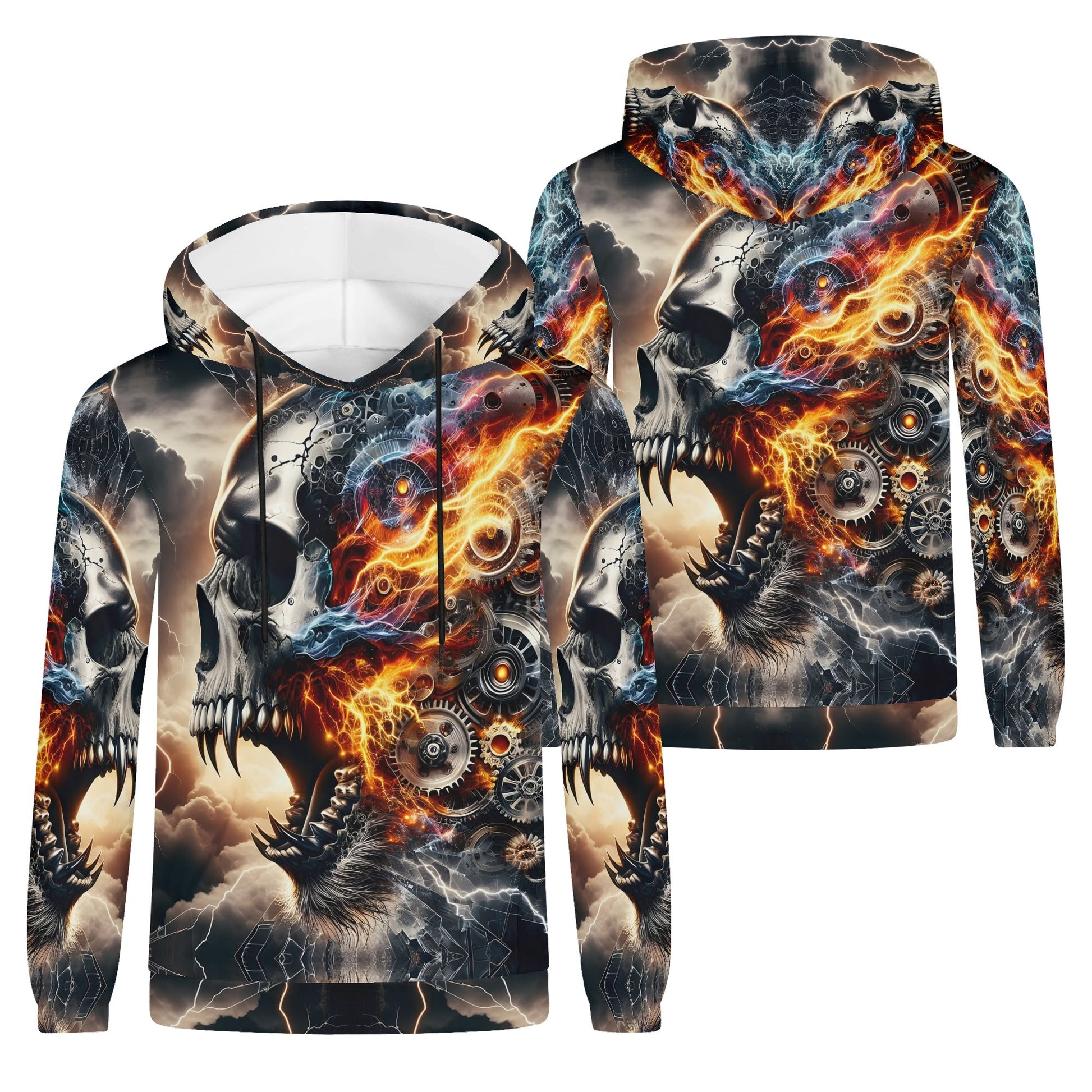 Bolt of the Ancients Poly French Terry hoodie by Loud and Lethal featuring fiery skull and gears design