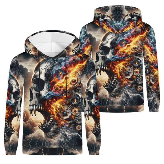 Bolt of the Ancients Poly French Terry hoodie by Loud and Lethal featuring fiery skull and gears design