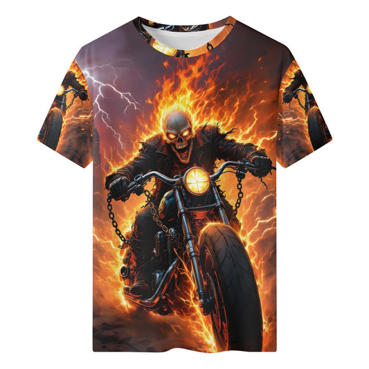 Born to Raise Hell 100 Cotton T-SHIRT with fiery skeleton riding motorcycle graphic