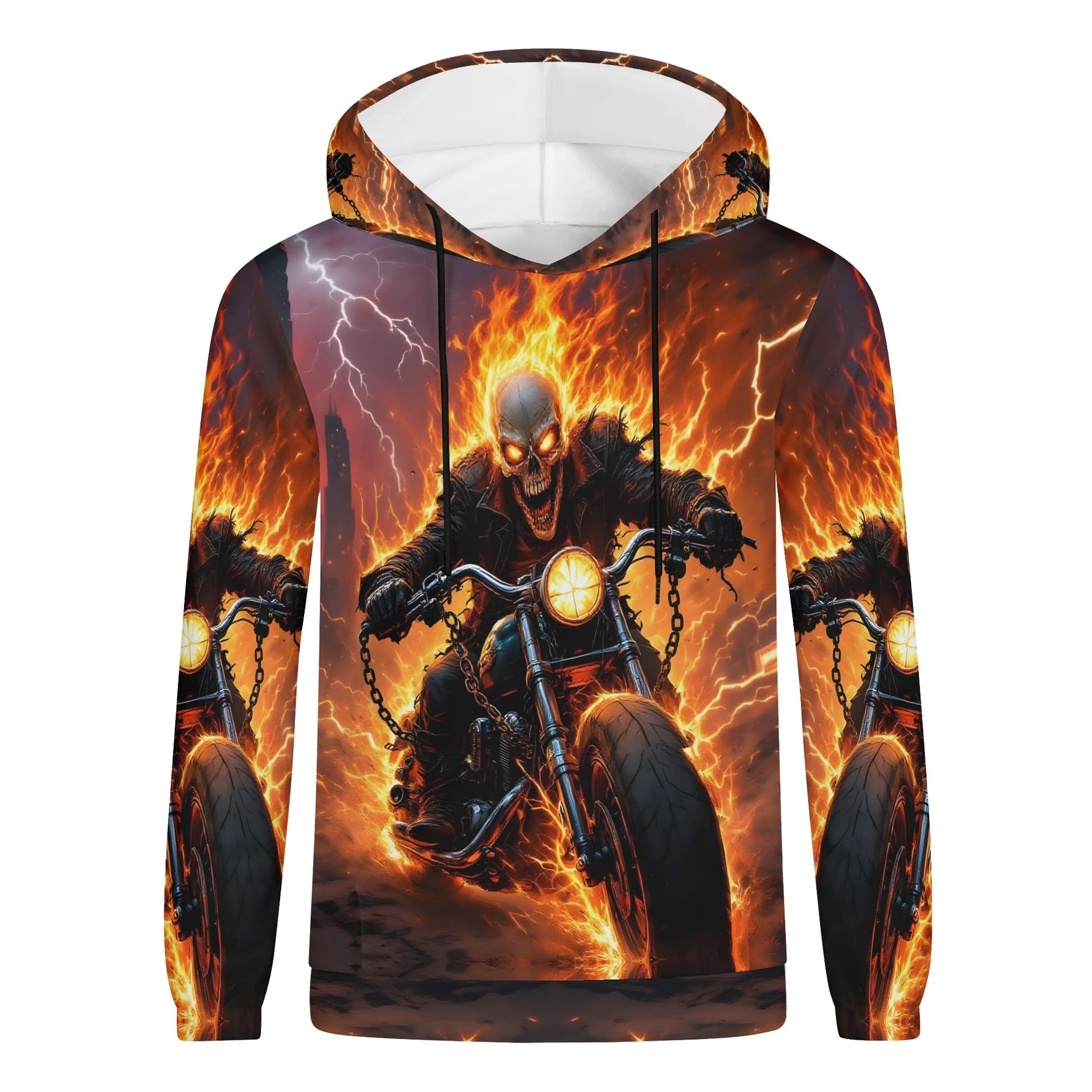 Born to Raise Hell Cotton Terry hoodie featuring fiery skeleton biker graphic on unisex hoodie