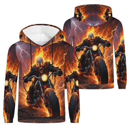 Born to Raise Hell Poly French Terry hoodie featuring a fiery skeleton riding a motorcycle with lightning in the background