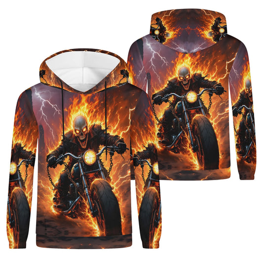 Born to Raise Hell Poly French Terry hoodie featuring a fiery skeleton riding a motorcycle with lightning in the background