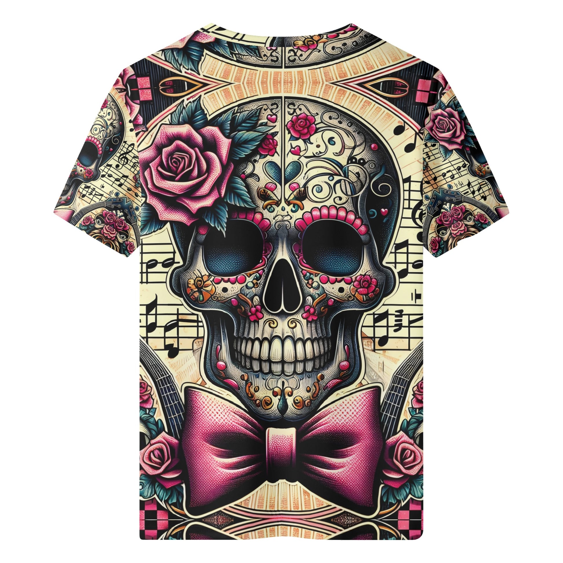 Bowtie Bones Organic Cotton Kids T-Shirt featuring colorful skull and rose design with musical notes