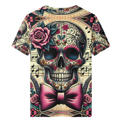 Bowtie Bones Organic Cotton Kids T-Shirt featuring colorful skull and rose design with musical notes