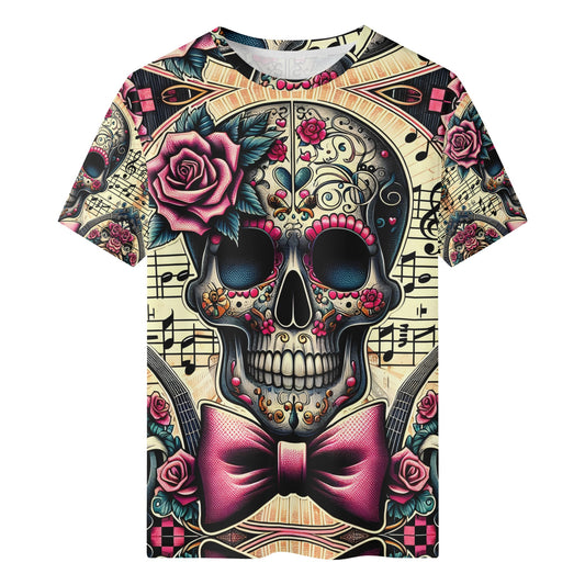 Bowtie Bones Organic Cotton Kids T-Shirt by Loud and Lethal featuring colorful skull with pink bowtie and roses design