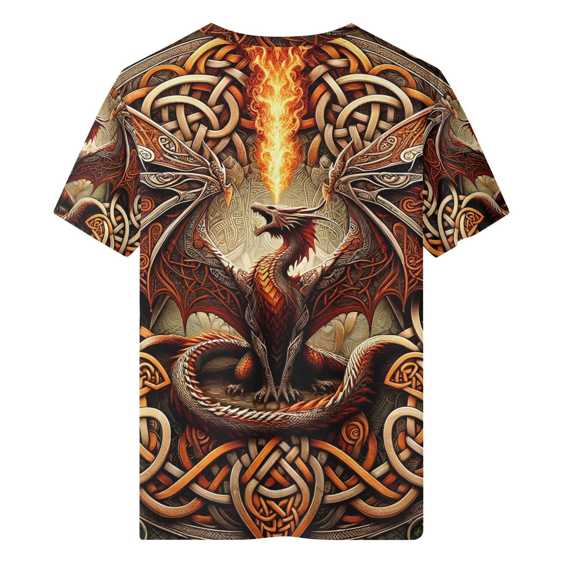 Braided Fury 100 Cotton T-Shirt with fiery dragon and intricate Celtic knot design