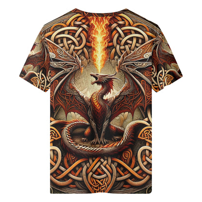 Braided Fury 100 Cotton T-Shirt with fiery dragon and intricate Celtic knot design