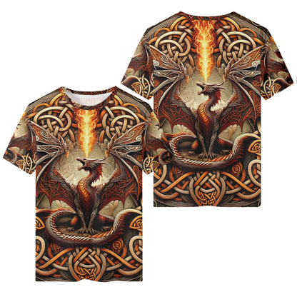 Braided Fury 100 Cotton T-Shirt featuring fiery dragon and intricate Celtic knot design