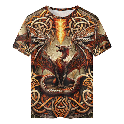 Braided Fury 100 Cotton T-Shirt featuring a fiery dragon with Celtic knot patterns on a unisex fit