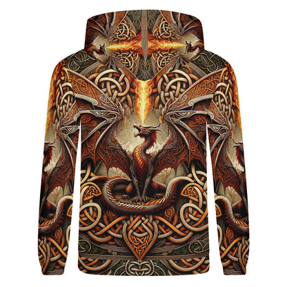 Braided Fury Cotton Terry Hoodie with detailed fiery dragon and Celtic knot design unisex hoodie