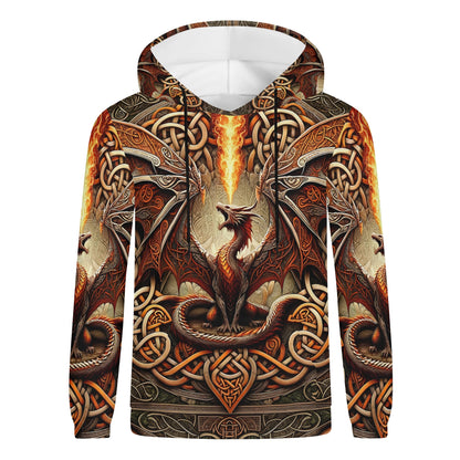 Braided Fury Cotton Terry Hoodie featuring fiery dragon and intricate Celtic knot design in vibrant orange and brown tones