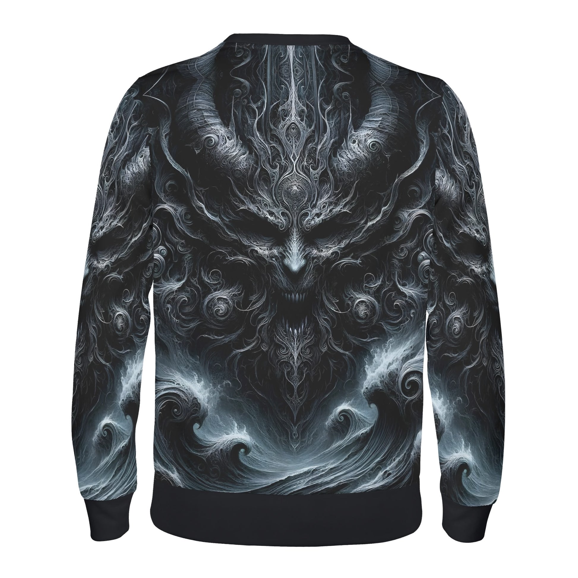 Loud and Lethal unisex sweater back with dark demonic art and waves Shadows of Perdition Poly French Terry Sweatshirt