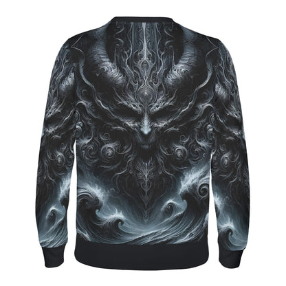 Loud and Lethal unisex sweater back with dark demonic art and waves Shadows of Perdition Poly French Terry Sweatshirt