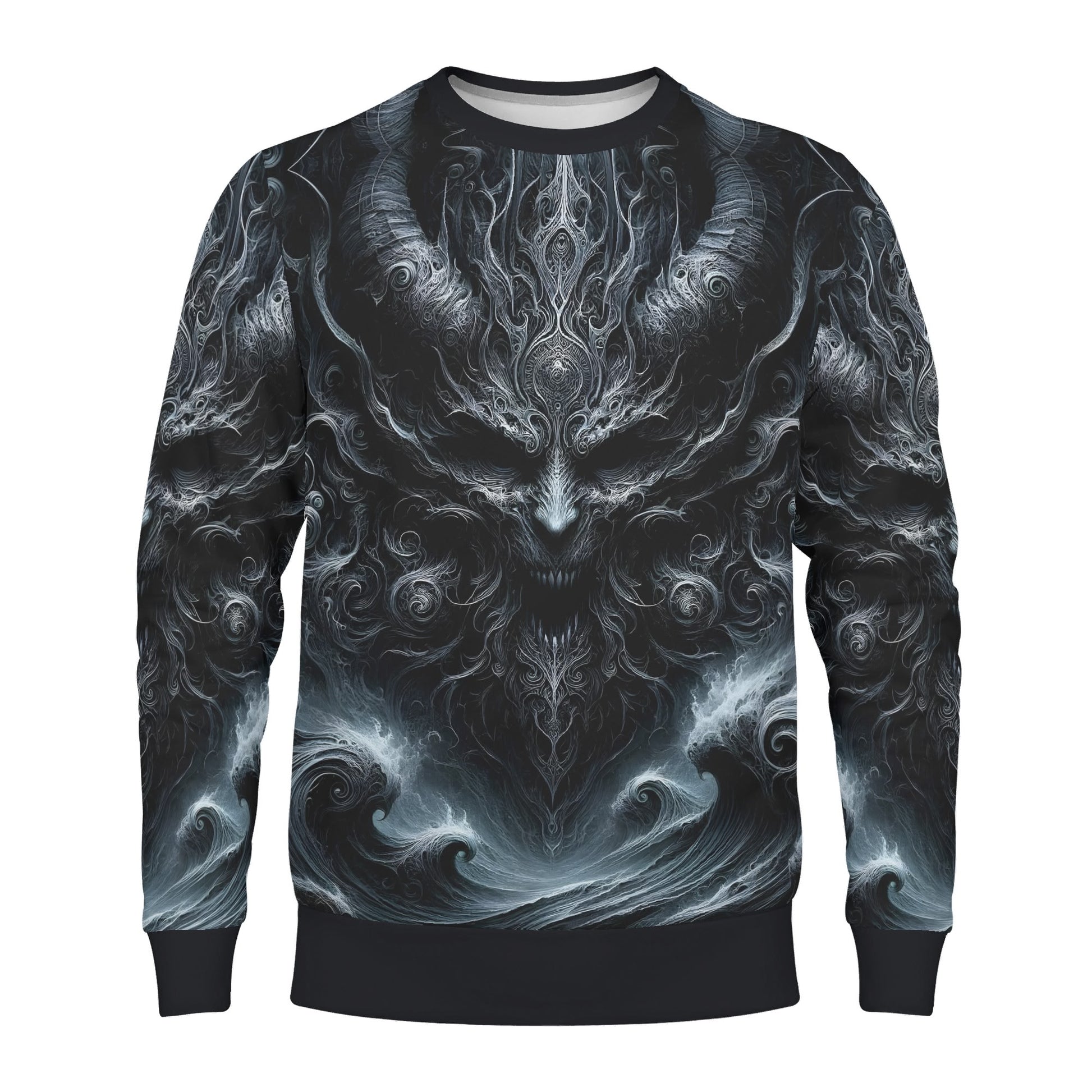 Shadows of Perdition Poly French Terry Sweatshirt by Loud and Lethal unisex sweater with horned demonic face and swirling waves