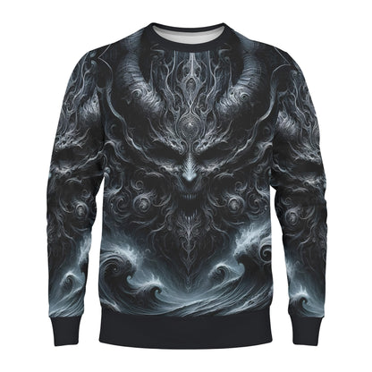 Shadows of Perdition Poly French Terry Sweatshirt by Loud and Lethal unisex sweater with horned demonic face and swirling waves