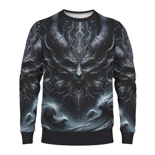 Shadows of Perdition Poly French Terry Sweatshirt by Loud and Lethal unisex sweater with horned demonic face and swirling waves