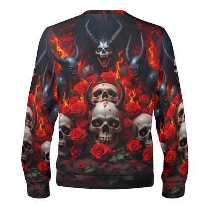 The Eternal Inferno Poly French Terry Sweatshirt unisex back with flaming skulls red roses and horned demons