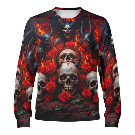 The Eternal Inferno Poly French Terry Sweatshirt. Unisex sweater with flaming skulls red roses and horned demons in black
