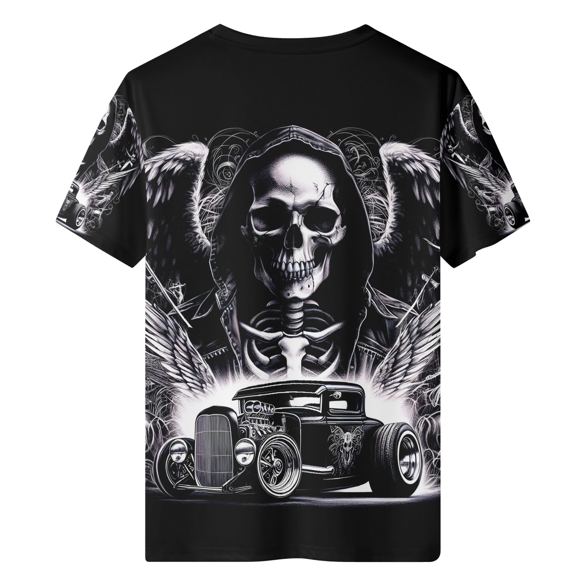 Black Chrome and Bones 100 Cotton T-Shirt with skull, wings, and vintage hot rod graphic design