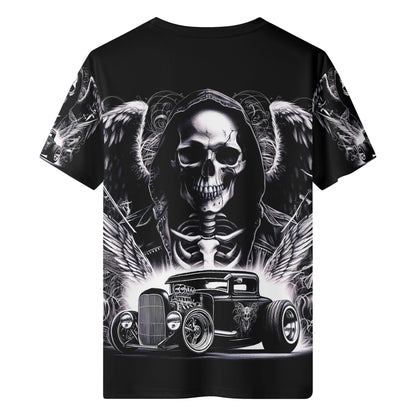 Black Chrome and Bones 100 Cotton T-Shirt with skull, wings, and vintage hot rod graphic design