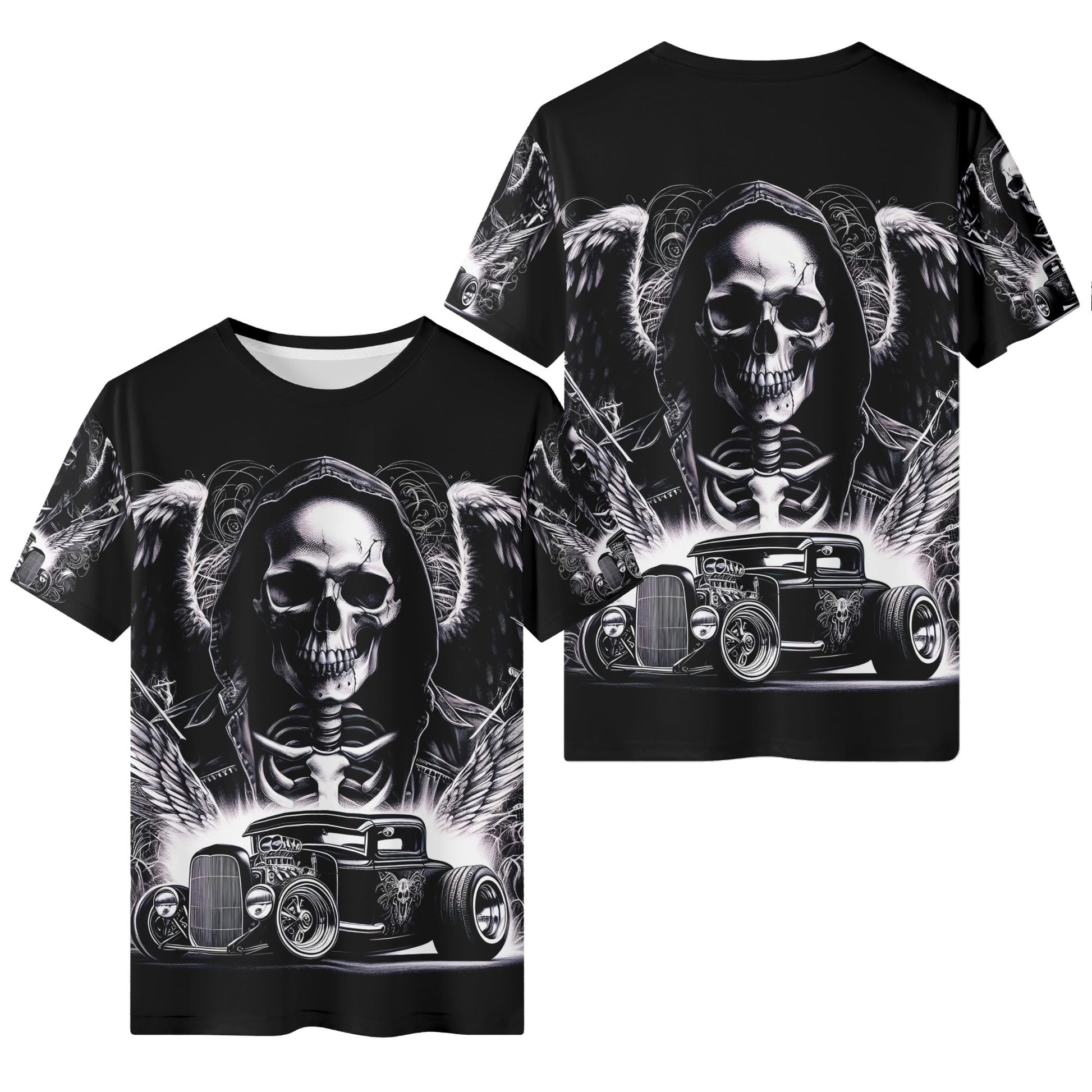 Loud and Lethal Chrome and Bones 100 Cotton T-Shirt with skull and vintage car graphic design