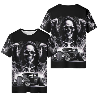 Loud and Lethal Chrome and Bones 100 Cotton T-Shirt with skull and vintage car graphic design