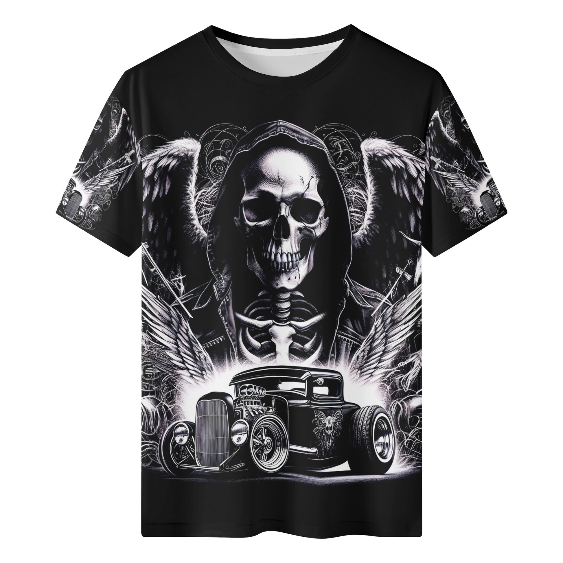 Loud and Lethal Chrome and Bones 100 Cotton T-Shirt featuring skull with wings and classic hot rod car graphic