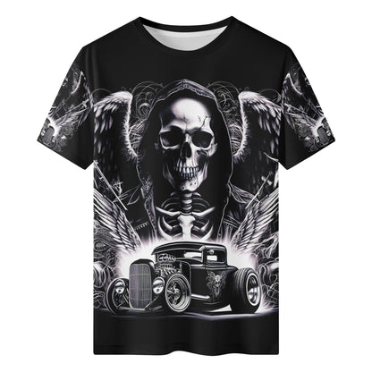 Loud and Lethal Chrome and Bones 100 Cotton T-Shirt featuring skull with wings and classic hot rod car graphic