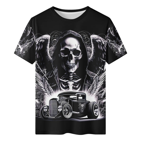 Loud and Lethal Chrome and Bones 100 Cotton T-Shirt featuring skull with wings and classic hot rod car graphic